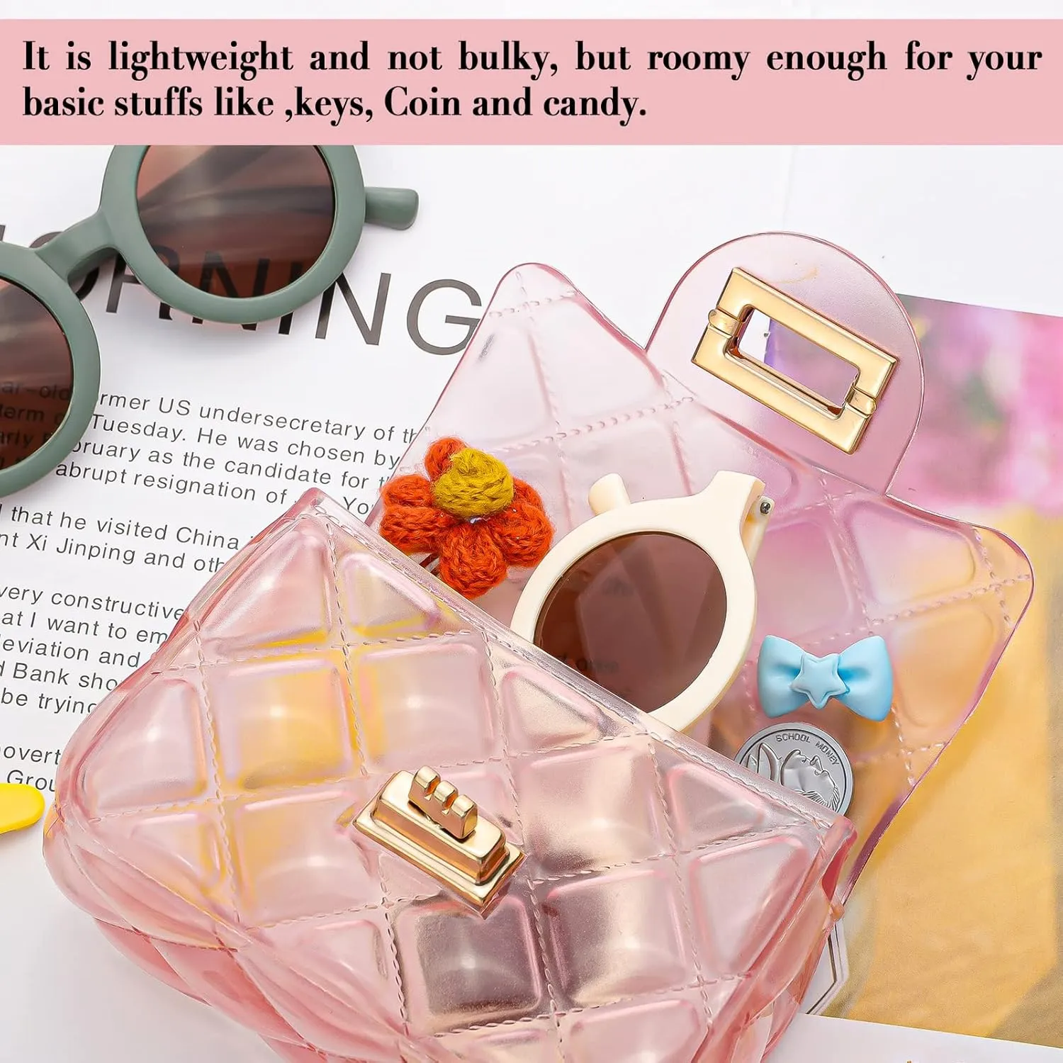 Little Girls Mini Jelly Purse Candy Color Transparent Small Crossbody Bag Cute Princess Handbags with Bead Handle For Toddler Kids (Pink)