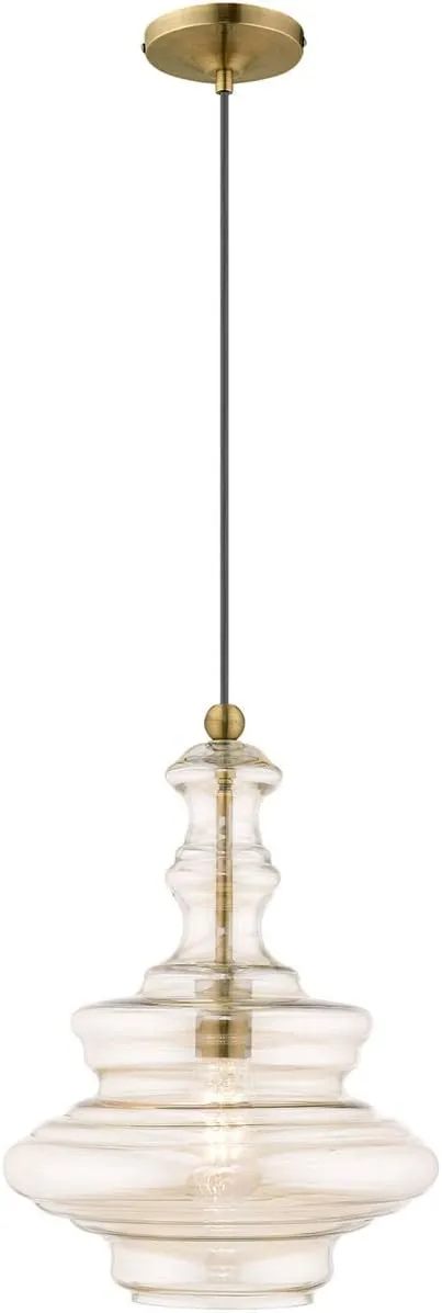 Livex Lighting 41224-01 Art Glass - 18.5" One Light Mini Pendant, Antique Brass Finish with Champagne Glass