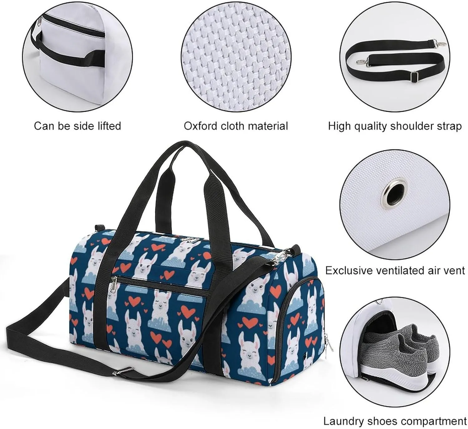 Llamas Pattern Water Resistant Gym Bag with Shoe Compartment, Travel Duffel Tote Bag Weekender Overnight Bag for Women Men
