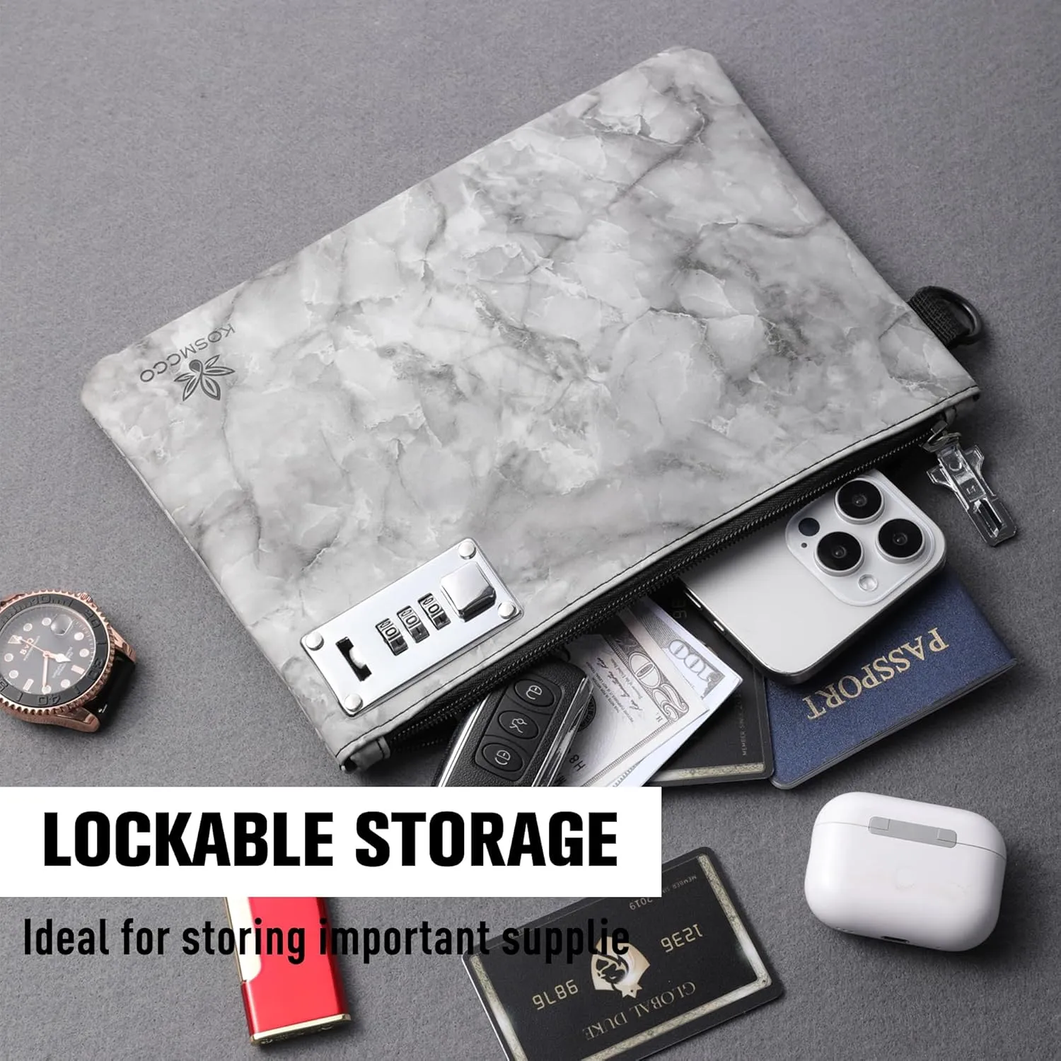 Lockable Money Bag - 6.5x10 Inches Pu Leather Locking Bank Bag Coin Purse for Cash, Jewelry, Passports, Medicine, Credit Cards and Valuable Storage (Marble Black)