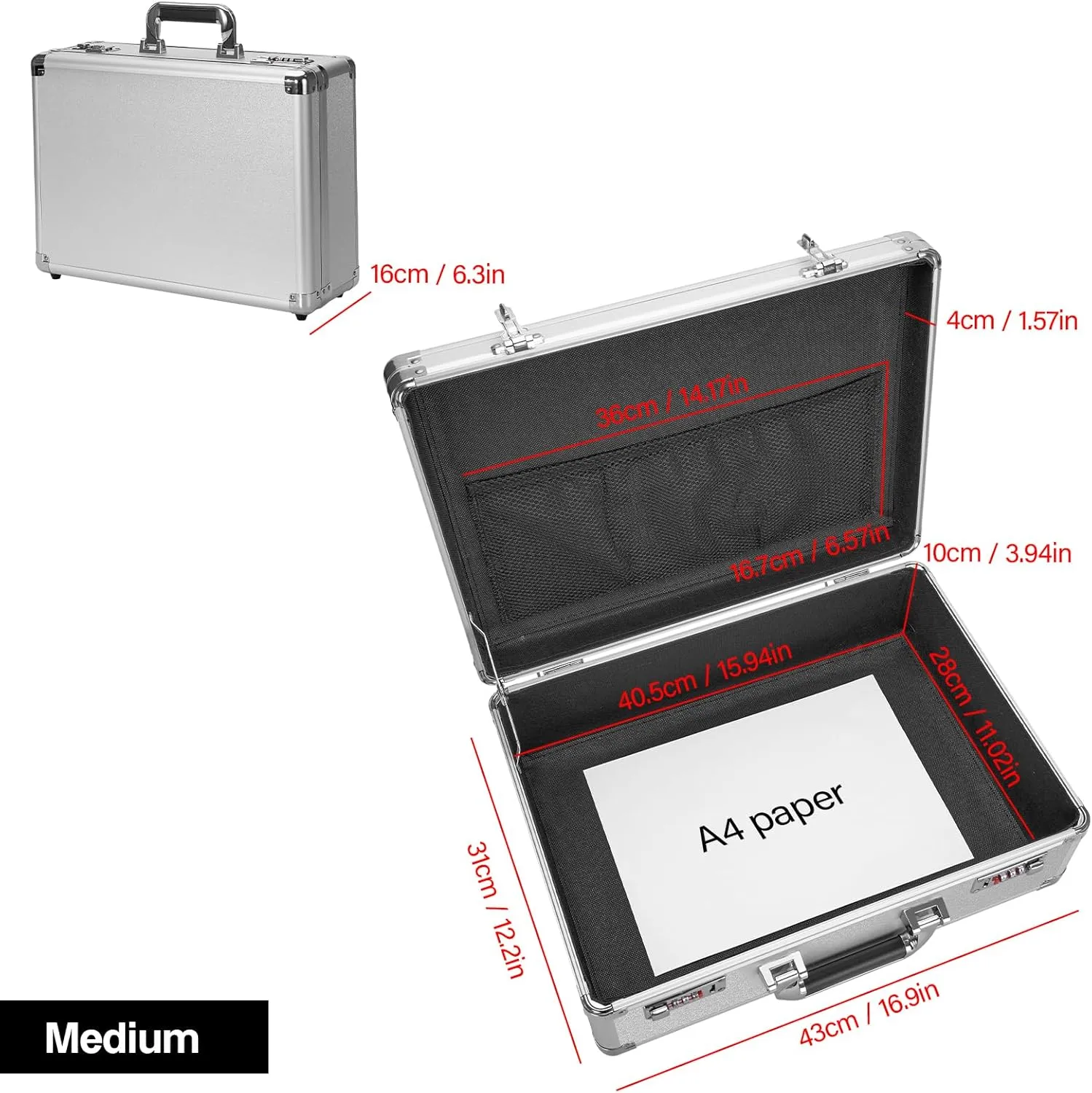 Locking Briefcase - Lockable Attache Case for Laptop & Documents, Dual Combination Locks, 16.9 “x12.2 ”x6.3 Business Aluminum Frame Hard Case for Professionals, Businessmen, Lawyers - Silver
