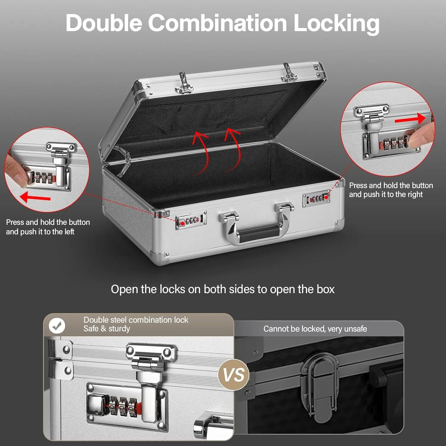 Locking Briefcase - Lockable Attache Case for Laptop & Documents, Dual Combination Locks, 16.9 “x12.2 ”x6.3 Business Aluminum Frame Hard Case for Professionals, Businessmen, Lawyers - Silver