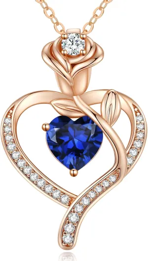 LOUISA SECRET Rose Flower Heart Birthstone Necklaces for Women, 925 Sterling Silver Fine Jewelry, Pendant Heart Necklaces Birthday Anniversary Christmas Gift for Women Wife Mom Girlfriend Lady