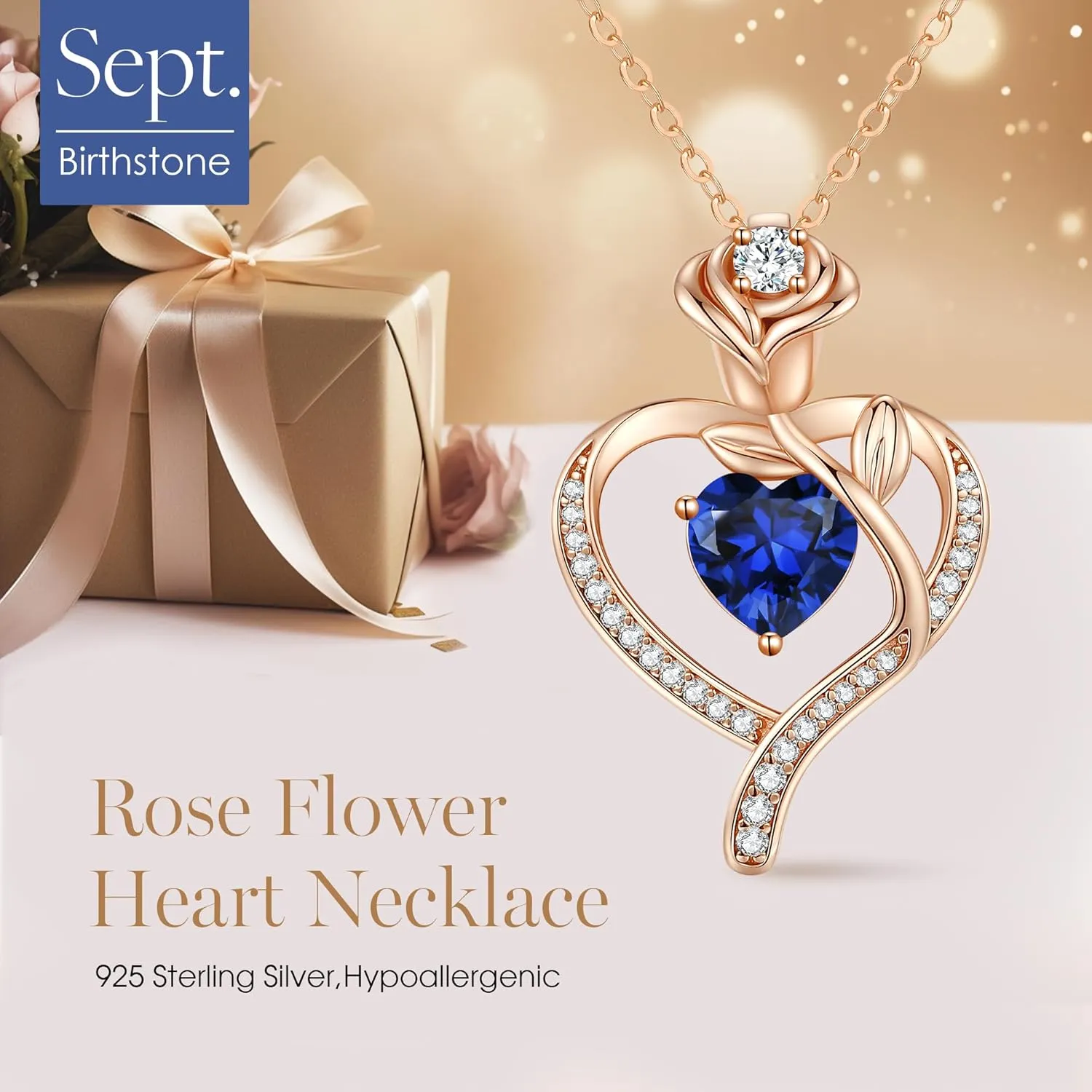 LOUISA SECRET Rose Flower Heart Birthstone Necklaces for Women, 925 Sterling Silver Fine Jewelry, Pendant Heart Necklaces Birthday Anniversary Christmas Gift for Women Wife Mom Girlfriend Lady