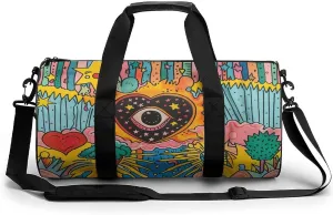 Love Heart Sun Eyes Stars Graffiti Round Barrel Gym Sport Bag Small Travel Duffel Bags Reusable Tote for Men Women