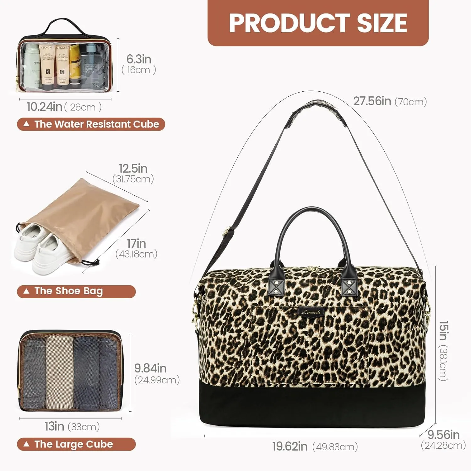 LOVEVOOK Travel Bags for Women, Weekender Bags for Women with 2 Cubes, Carry on Overnight Bag, Hospital Bag for women Labor Delivery, 4 Pcs Set, Brown leopard print-Black