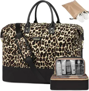 LOVEVOOK Travel Bags for Women, Weekender Bags for Women with 2 Cubes, Carry on Overnight Bag, Hospital Bag for women Labor Delivery, 4 Pcs Set, Brown leopard print-Black