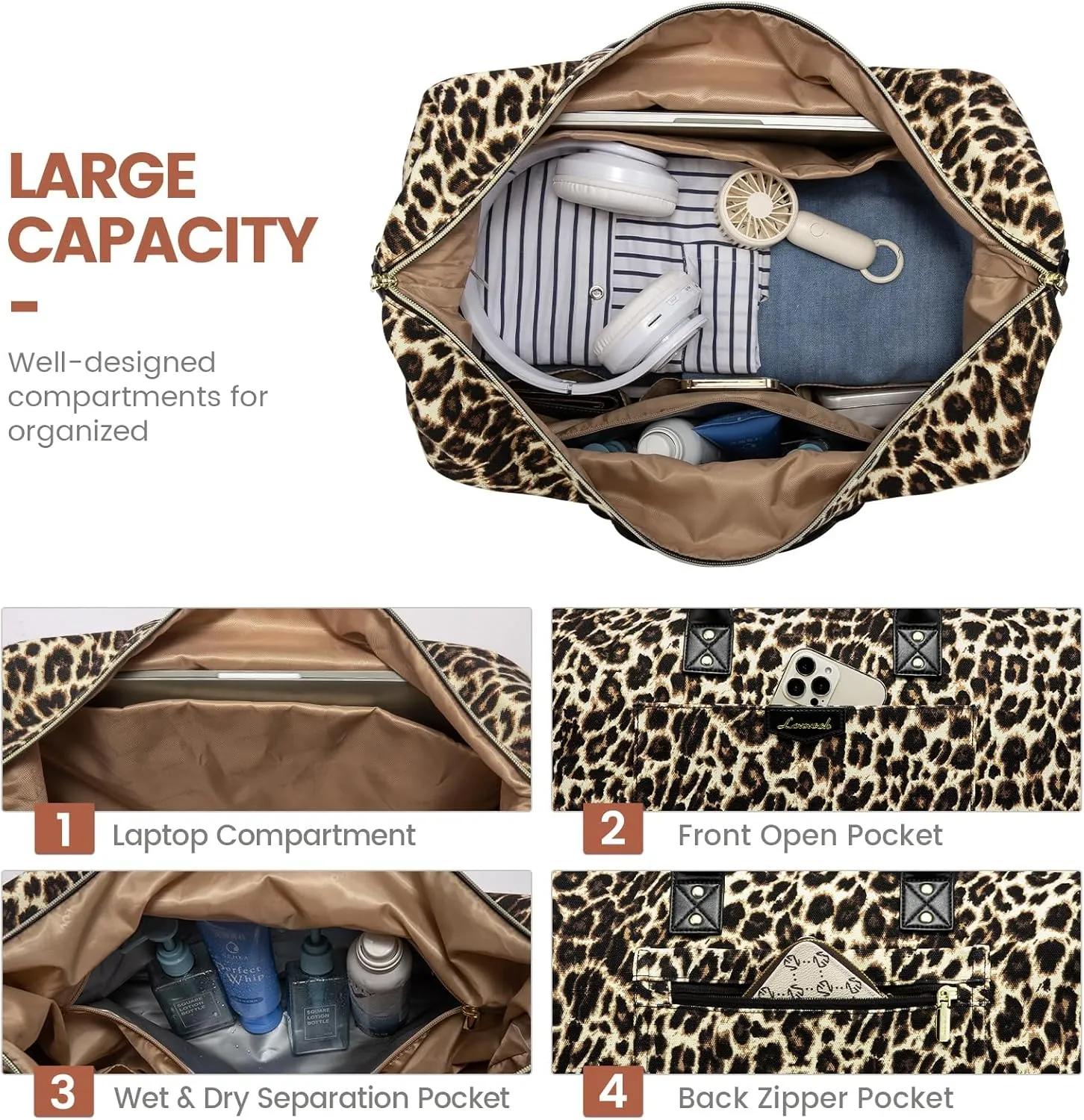 LOVEVOOK Travel Bags for Women, Weekender Bags for Women with 2 Cubes, Carry on Overnight Bag, Hospital Bag for women Labor Delivery, 4 Pcs Set, Brown leopard print-Black