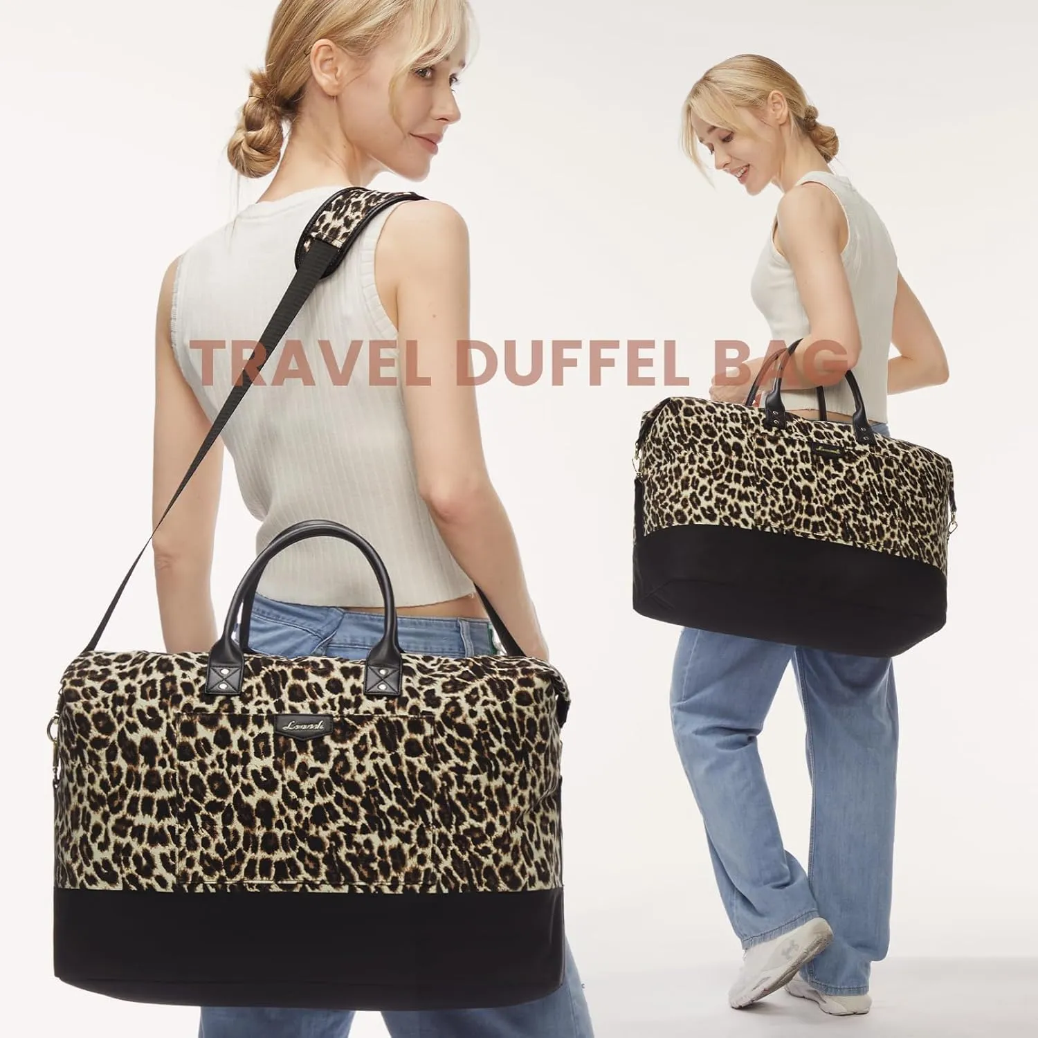 LOVEVOOK Travel Bags for Women, Weekender Bags for Women with 2 Cubes, Carry on Overnight Bag, Hospital Bag for women Labor Delivery, 4 Pcs Set, Brown leopard print-Black