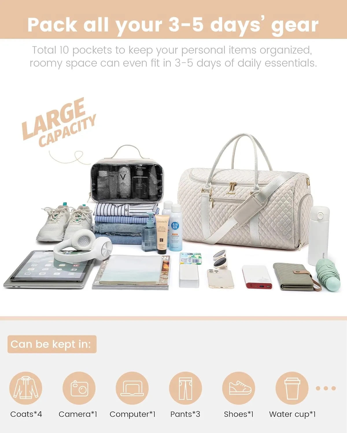 LOVEVOOK Travel Duffle Bag, 40L Weekender Overnight Bag with Toiletry Bag, Quilted Carry On Bag with Shoe Compartment, Gym Duffel Bag with Wet Pocket for Women, Hospital Bags for Labor and Delivery