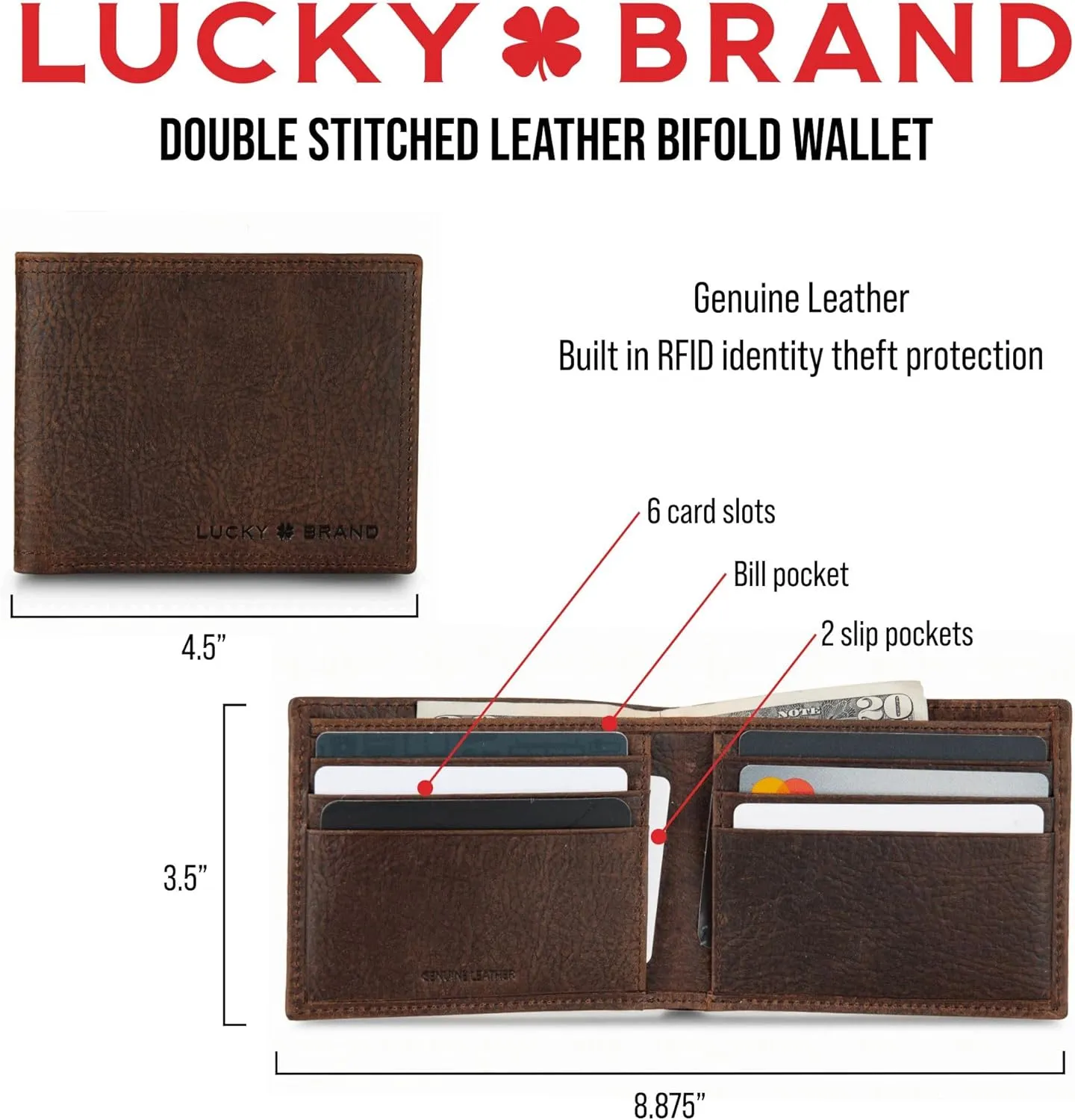 Lucky Brand Men's Bifold Wallet | Id Window | Card Slots | Leather | Organization | Durable | Stylish