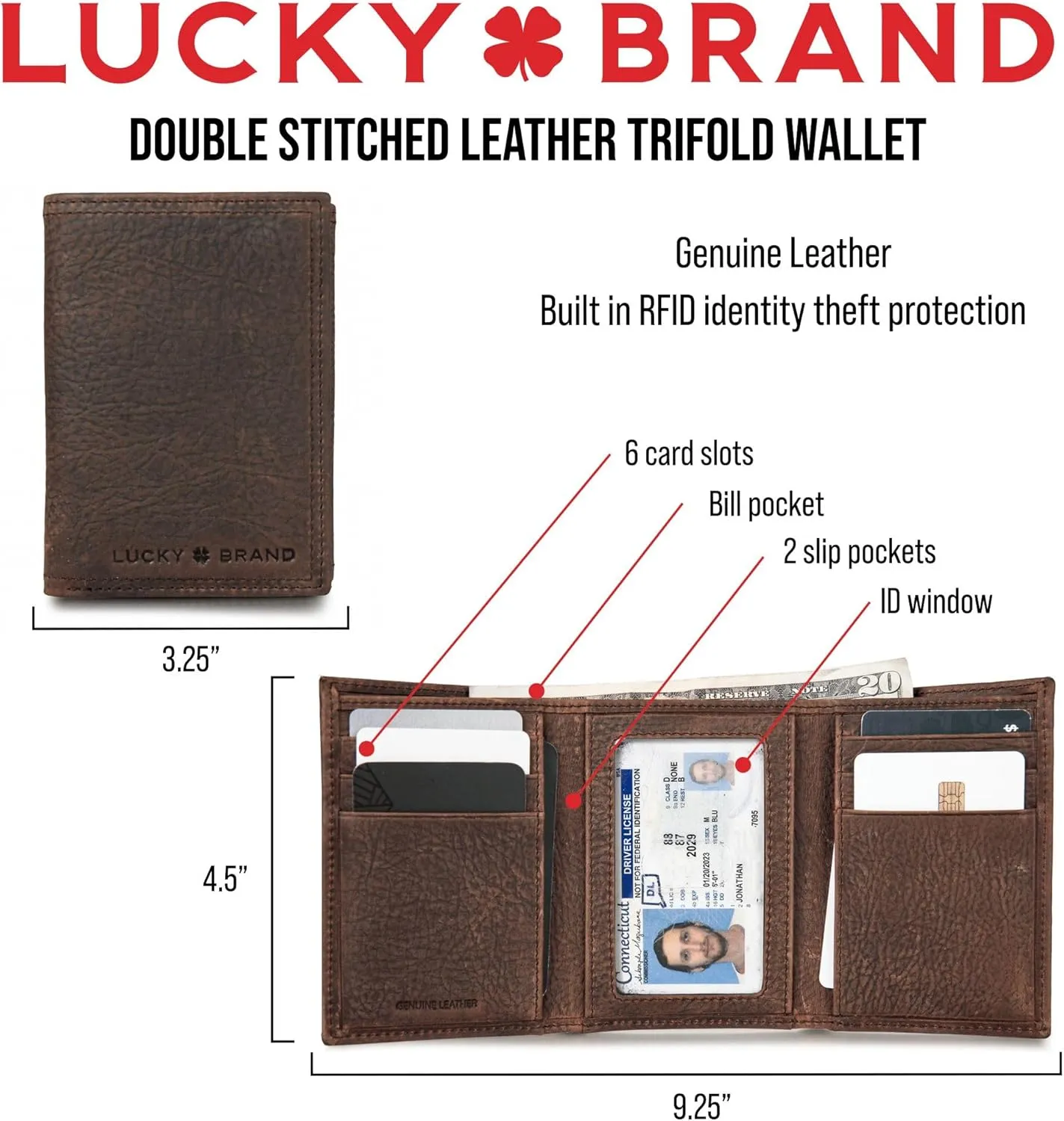 Lucky Brand Men's Trifold Wallet | Id Window | Card Slots | Leather | Organization | Durable | Stylish