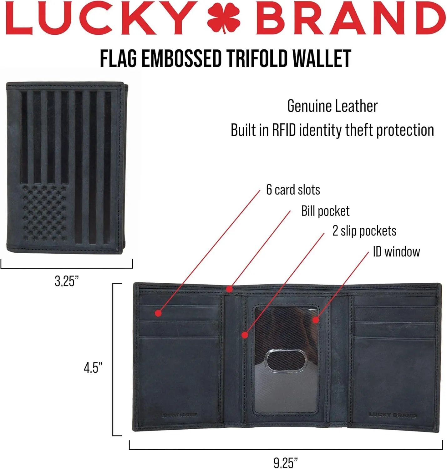 Lucky Brand Men's Trifold Wallet | Id Window | Card Slots | Leather | Organization | Durable | Stylish