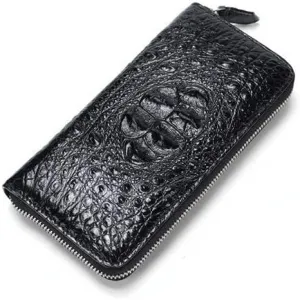 Luxury Genuine Crocodile Leather Skin Mens Wallet Zipper Long Wallet Men Purse Clutch Bag (Crocodile Head Black)