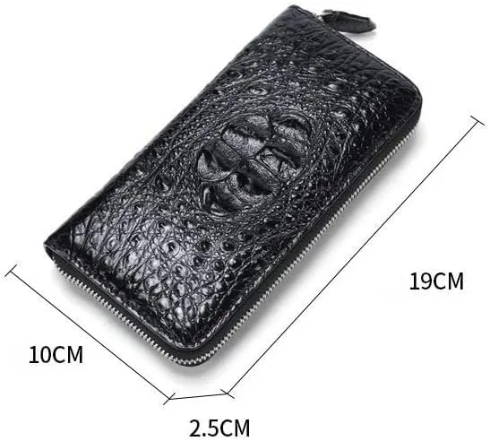 Luxury Genuine Crocodile Leather Skin Mens Wallet Zipper Long Wallet Men Purse Clutch Bag (Crocodile Head Black)