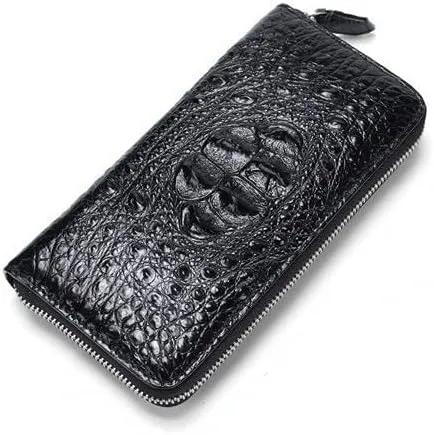 Luxury Genuine Crocodile Leather Skin Mens Wallet Zipper Long Wallet Men Purse Clutch Bag (Crocodile Head Black)
