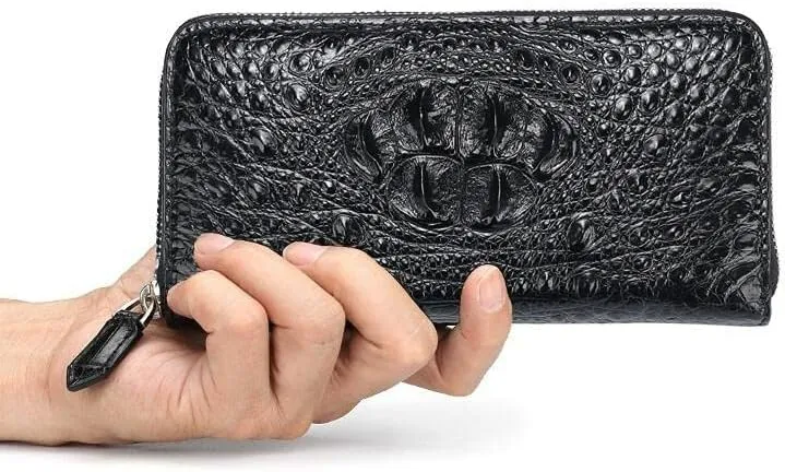 Luxury Genuine Crocodile Leather Skin Mens Wallet Zipper Long Wallet Men Purse Clutch Bag (Crocodile Head Black)