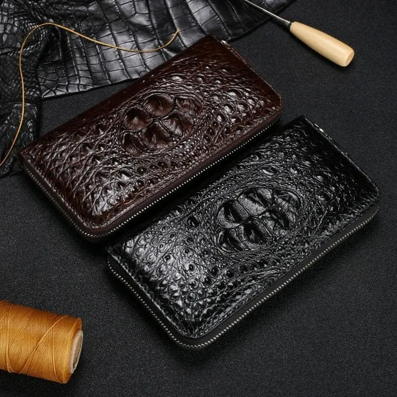 Luxury Genuine Crocodile Leather Skin Mens Wallet Zipper Long Wallet Men Purse Clutch Bag (Crocodile Head Brown)