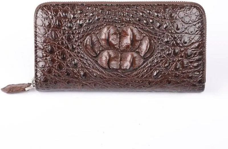 Luxury Genuine Crocodile Leather Skin Mens Wallet Zipper Long Wallet Men Purse Clutch Bag (Crocodile Head Brown)