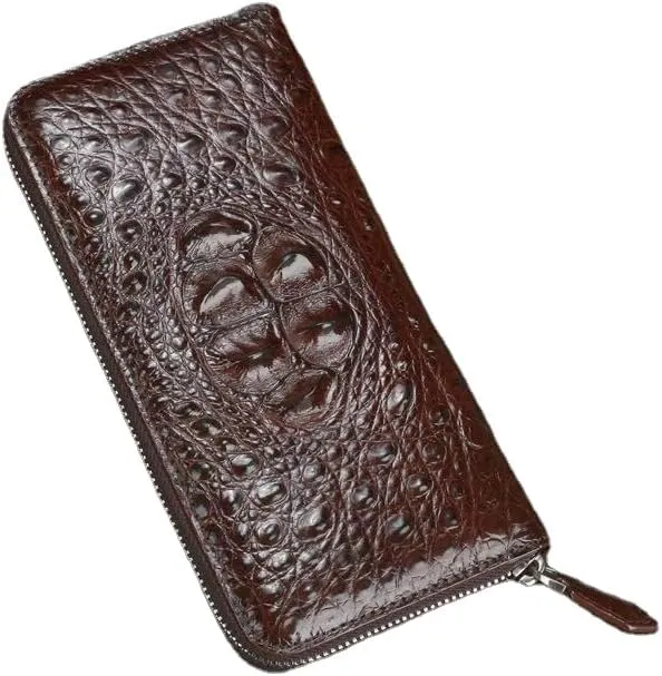 Luxury Genuine Crocodile Leather Skin Mens Wallet Zipper Long Wallet Men Purse Clutch Bag (Crocodile Head Brown)