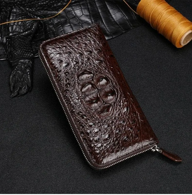 Luxury Genuine Crocodile Leather Skin Mens Wallet Zipper Long Wallet Men Purse Clutch Bag (Crocodile Head Brown)