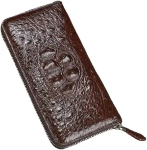 Luxury Genuine Crocodile Leather Skin Mens Wallet Zipper Long Wallet Men Purse Clutch Bag (Crocodile Head Brown)