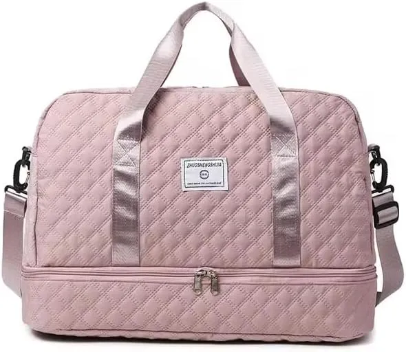 Luxury Large Capacity Duffel Bag: Versatile Shoulder & Crossbody Tote with Dry-Wet Separation and Dual Side Pockets - Stylish Green & Pink for Travel & Gym (Beige)