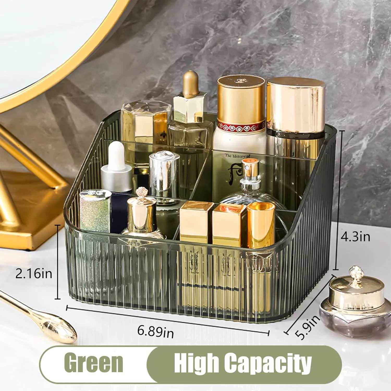 Makeup Organizer Cosmetics Storage Box, Large Capacity Make Up Brush Holder Organizer Vanity Accessories, Bathroom Countertops, Desk Storage Container, Cosmetic Display cases(Green-L)