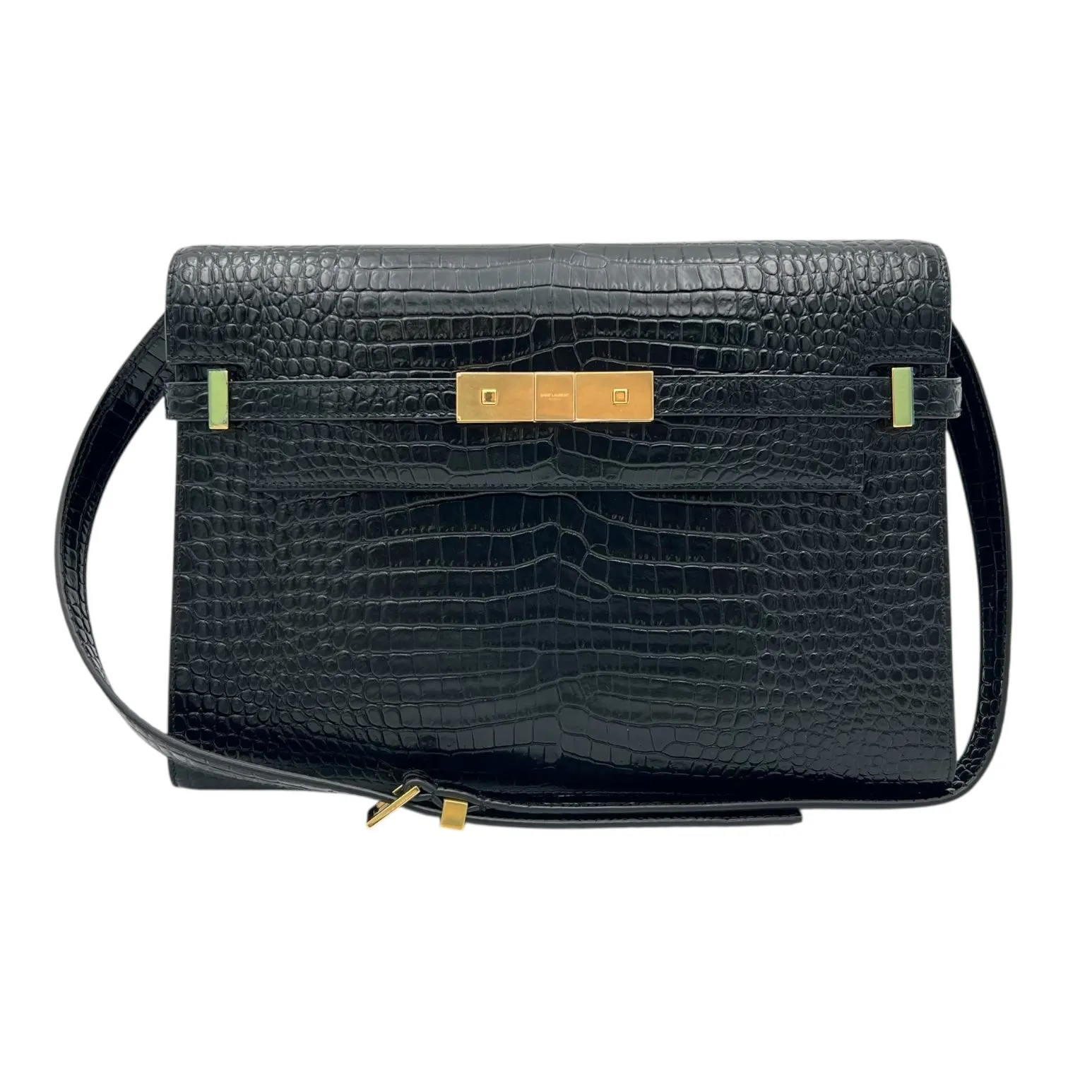 Manhattan Shoulder Bag Black in Crocodile Embossed Calfskin, Gold hardware