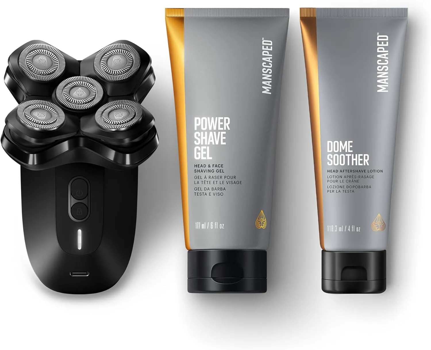 MANSCAPED® The Dome Shaver™ PRO Package - Head Shaver for Bald Men, Five Rotary Blade Design with SkinSafe® & FlexAdjust Technology, Head & Face Power Shave Gel, Dome Soother Aftershave Lotion