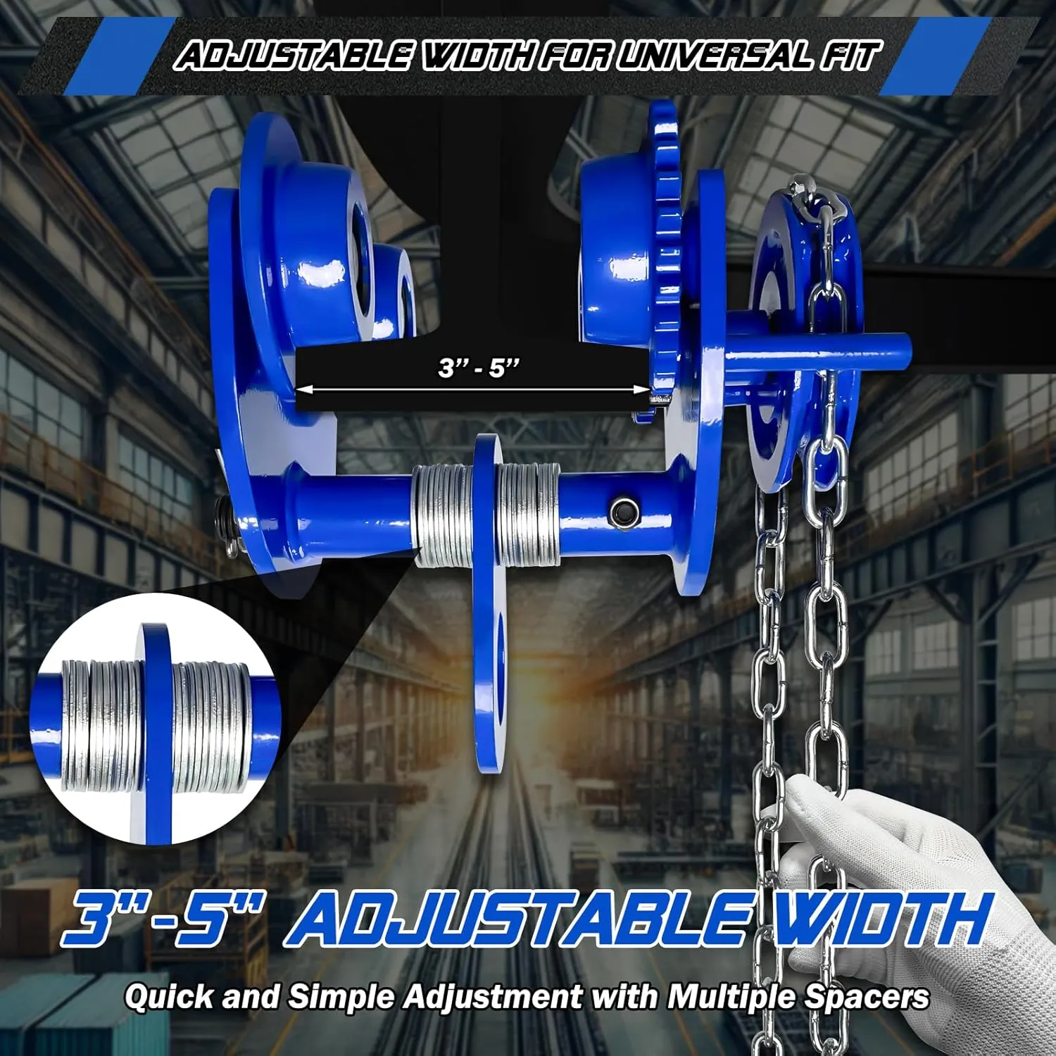 Manual Chain Trolley 1 Ton, 2200LBS Capacity Adjustable Gantry Crane Trolley, Fits I-Beam Flange Width 3” to 5”, Heavy-Duty Hoist Trolley with Hand Pull Chain for Industrial and Warehouse