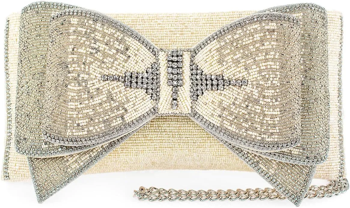 Mary Frances Fancy Bow Beaded Crossbody Handbag Clutch – Bridal Novelty Purse, Ivory