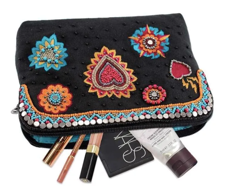 Mary Frances Flaming Hearts Beaded Crossbody Makeup Bag
