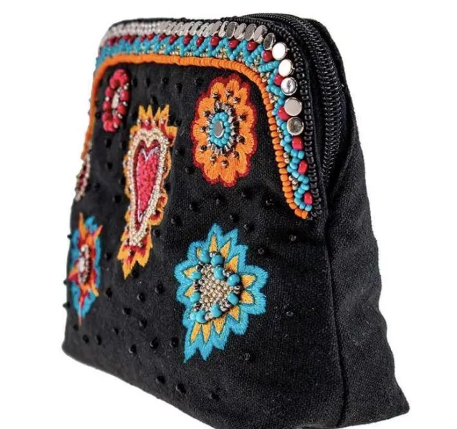 Mary Frances Flaming Hearts Beaded Crossbody Makeup Bag
