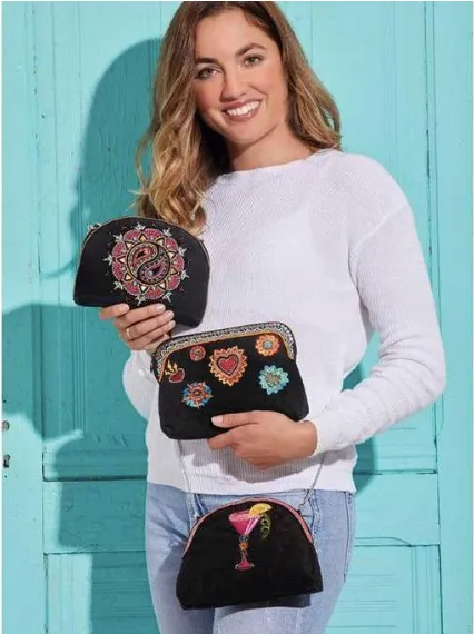 Mary Frances Flaming Hearts Beaded Crossbody Makeup Bag