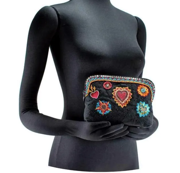 Mary Frances Flaming Hearts Beaded Crossbody Makeup Bag