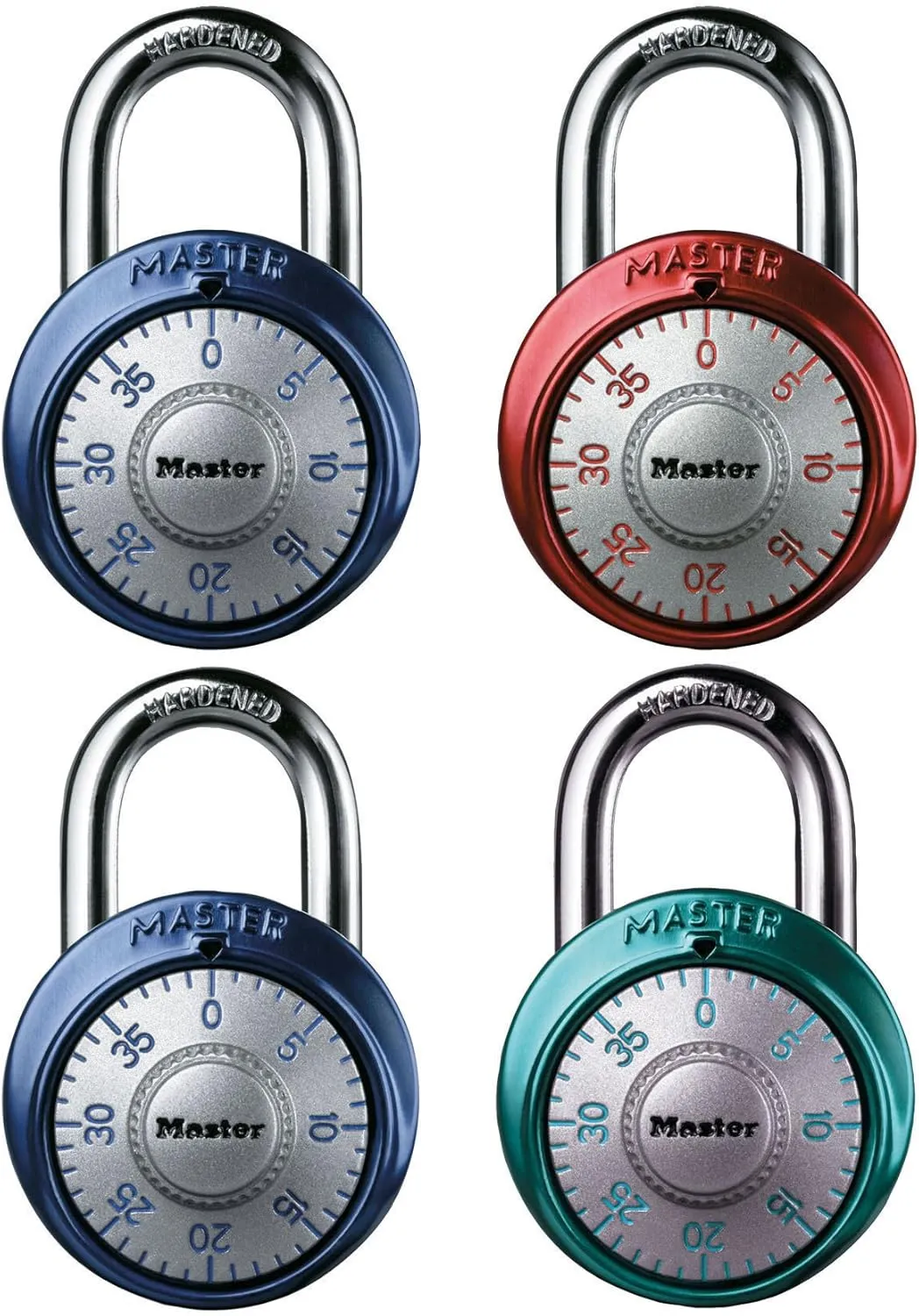 Master Lock 1561DAST Dial Combination Padlock, 1-7/8 in. Wide with 3/4 in. Long Shackle, 4 Pack, Assorted Colors