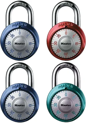Master Lock 1561DAST Dial Combination Padlock, 1-7/8 in. Wide with 3/4 in. Long Shackle, 4 Pack, Assorted Colors