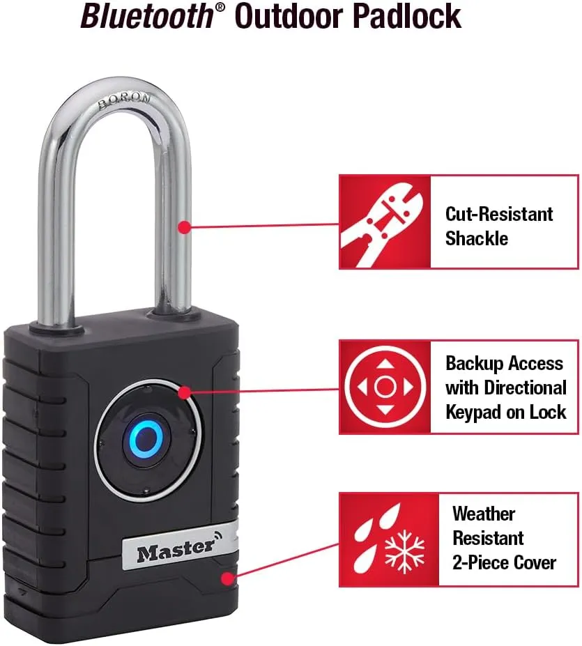Master Lock Black Outdoor Bluetooth Smart Padlock with Keypad, Smart Locks for Tools, Gates, Sheds, 2-7/32 inches Wide, 4401LHEC