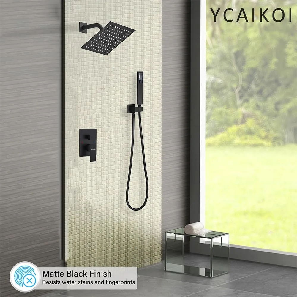 Matte Black Shower System, 8 Inch High Pressure Rain Shower with Handheld, Wall Mount Shower Faucet Set for Bathroom, Rough-in Valve Body and Trim Included
