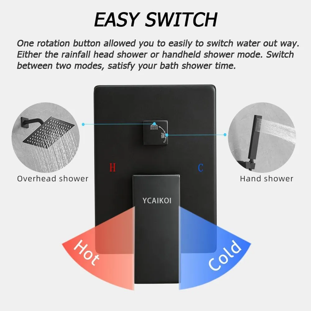 Matte Black Shower System, 8 Inch High Pressure Rain Shower with Handheld, Wall Mount Shower Faucet Set for Bathroom, Rough-in Valve Body and Trim Included