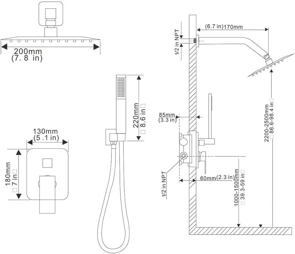 Matte Black Shower System, 8 Inch High Pressure Rain Shower with Handheld, Wall Mount Shower Faucet Set for Bathroom, Rough-in Valve Body and Trim Included