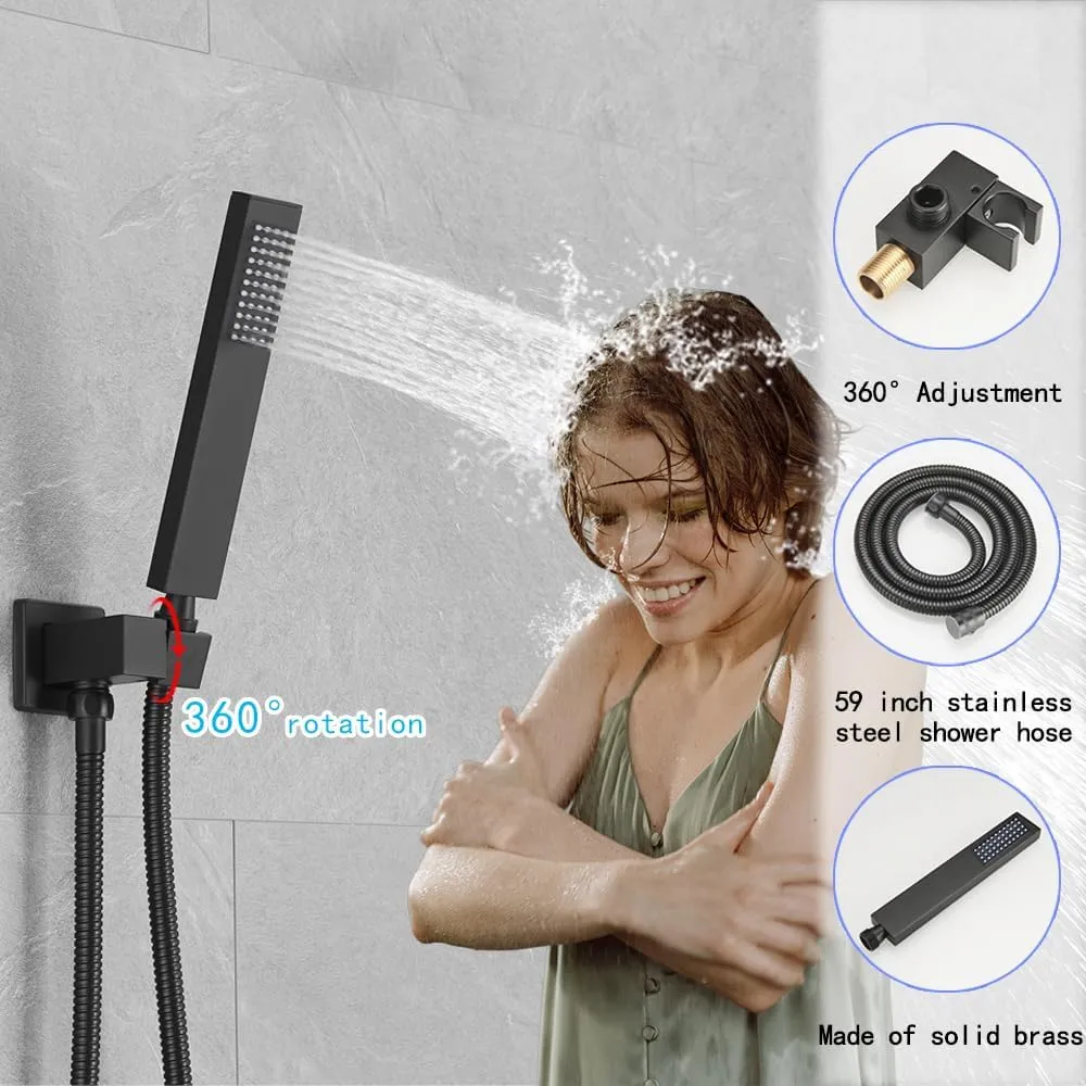 Matte Black Shower System, 8 Inch High Pressure Rain Shower with Handheld, Wall Mount Shower Faucet Set for Bathroom, Rough-in Valve Body and Trim Included