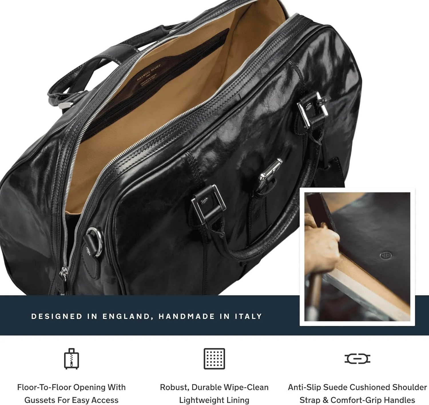 Maxwell Scott - Luxury Mens Womens Leather Carry-On Cabin Luggage for Luxury Travel - Handmade in Italy - The Farini Black
