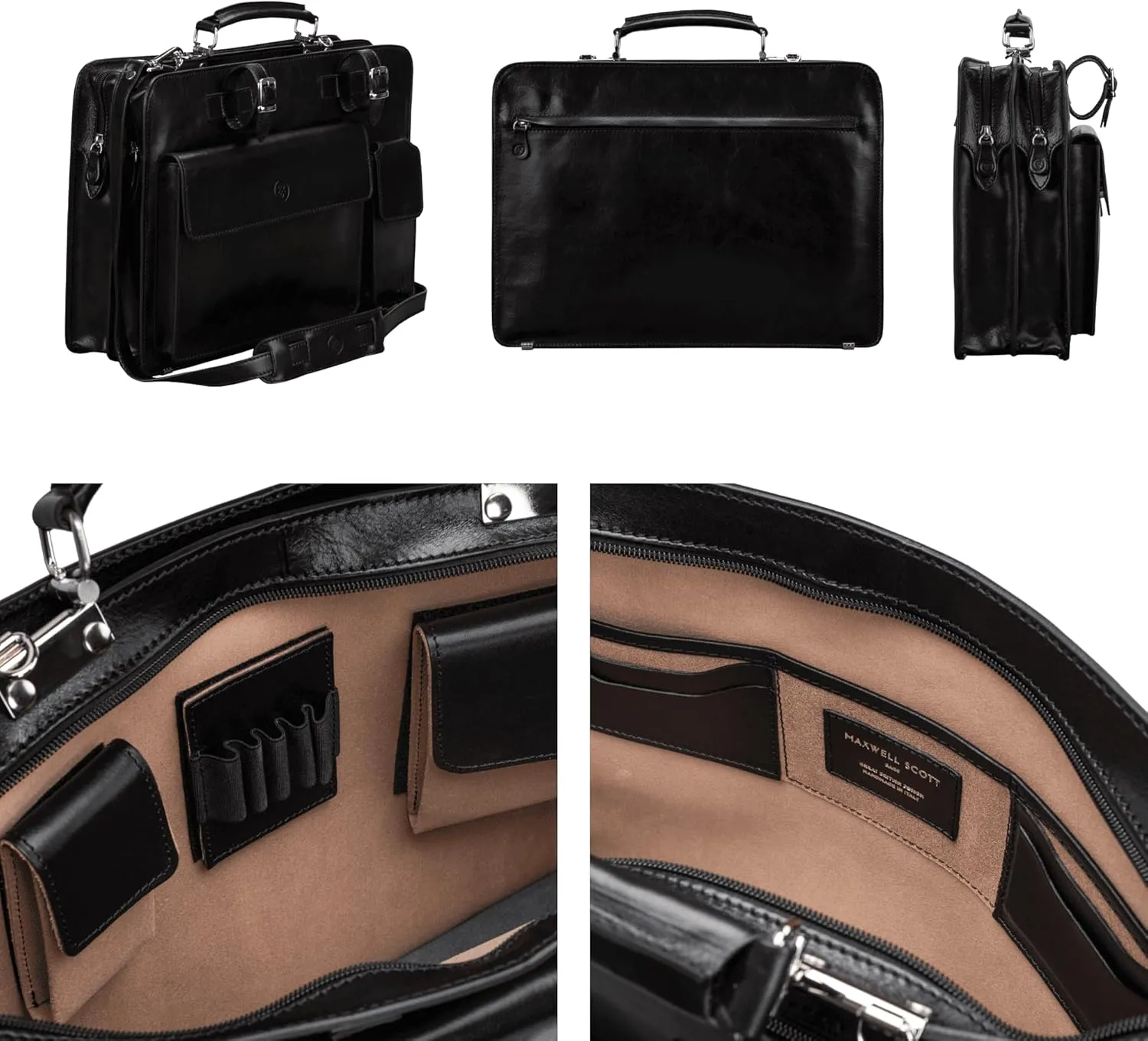 Maxwell Scott - Mens Luxury Italian Leather Large Square Briefcase - Zip Closure - Handmade in Italy - The Alanzo