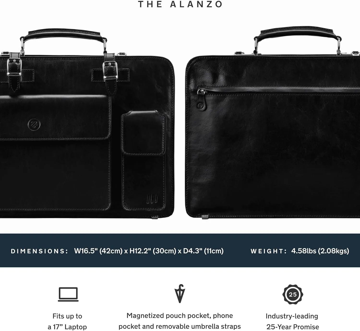 Maxwell Scott - Mens Luxury Italian Leather Large Square Briefcase - Zip Closure - Handmade in Italy - The Alanzo