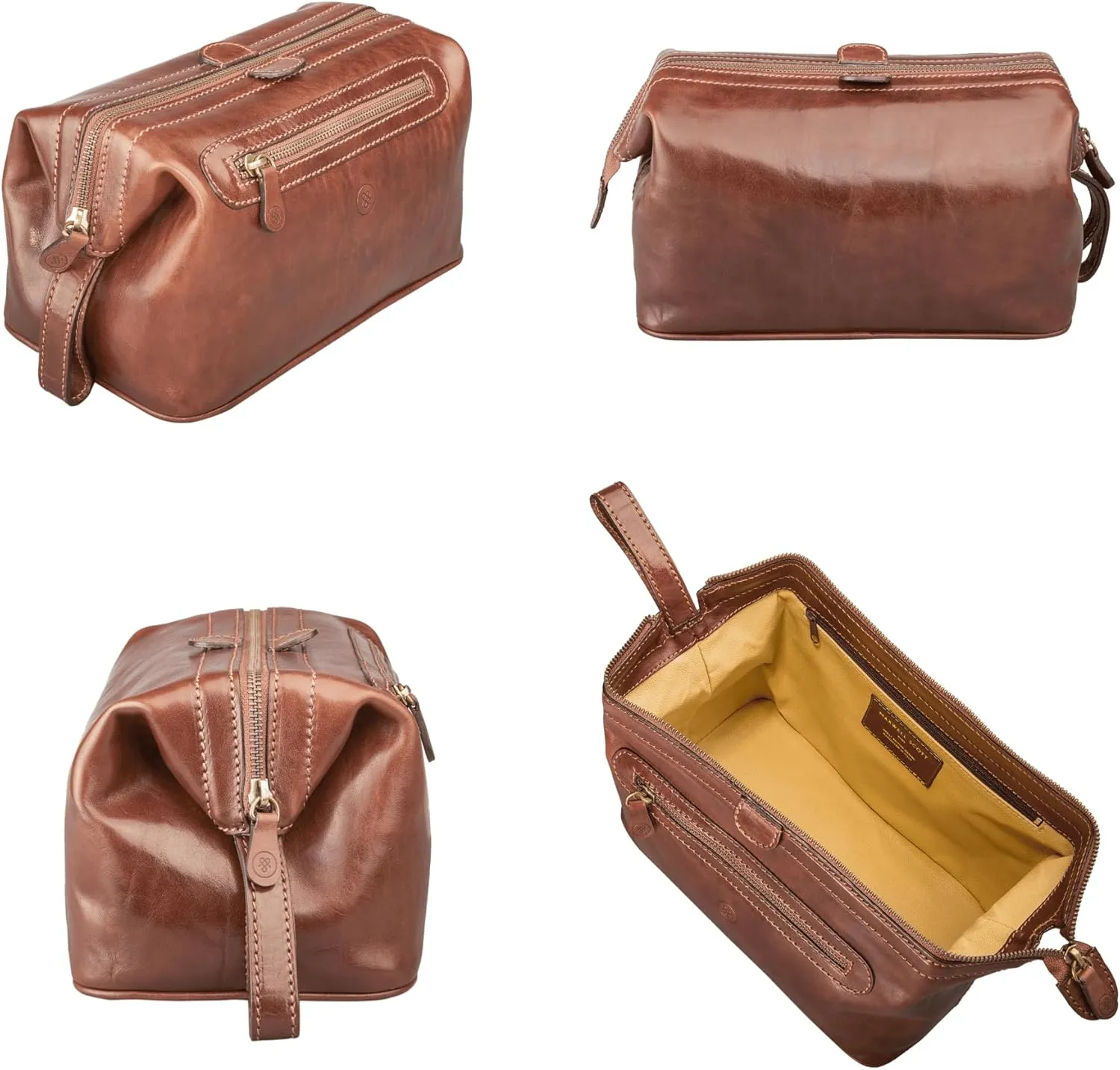 Maxwell Scott - Mens Luxury Leather Large Wash Bag Dopp Kit with Zip Opening - Handmade in Italy -The Duno Large Chestnut Tan