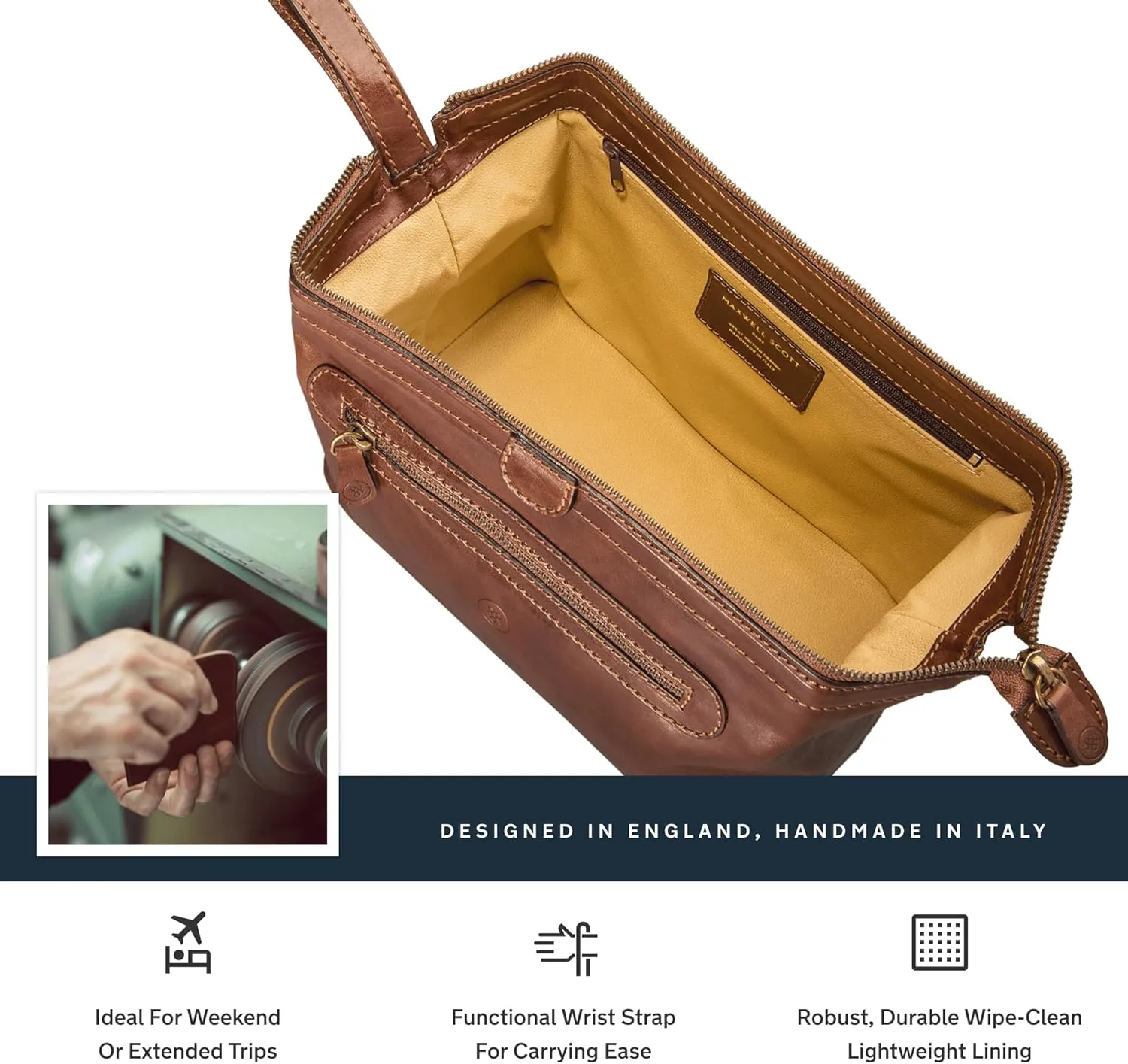 Maxwell Scott - Mens Luxury Leather Large Wash Bag Dopp Kit with Zip Opening - Handmade in Italy -The Duno Large Chestnut Tan