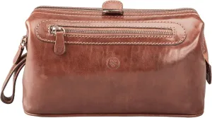 Maxwell Scott - Mens Luxury Leather Large Wash Bag Dopp Kit with Zip Opening - Handmade in Italy -The Duno Large Chestnut Tan