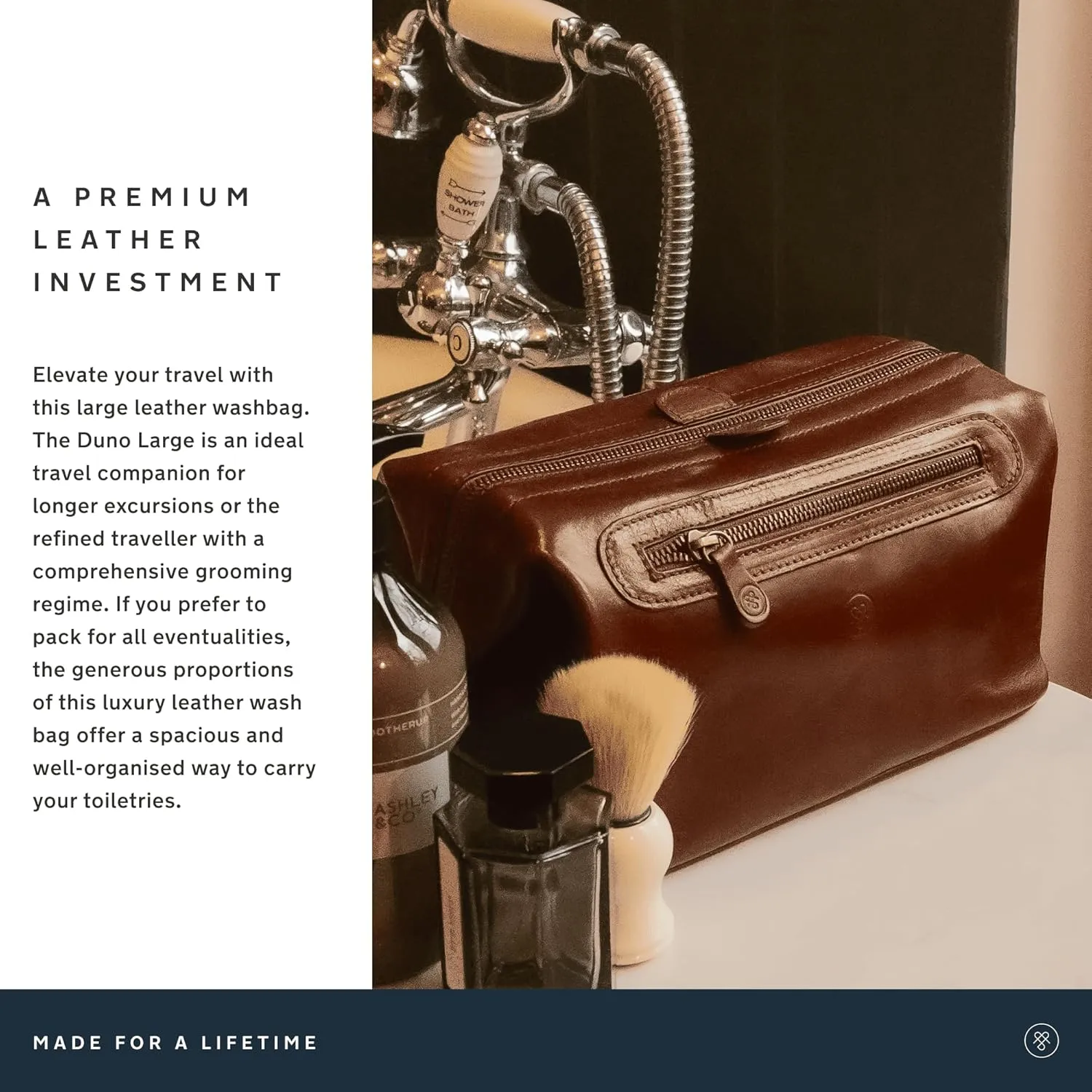 Maxwell Scott - Mens Luxury Leather Large Wash Bag Dopp Kit with Zip Opening - Handmade in Italy -The Duno Large Chestnut Tan